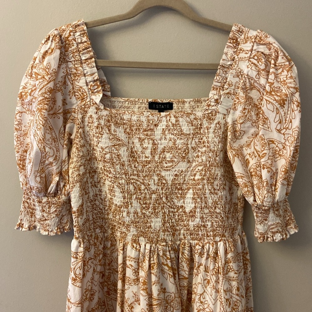 1 State Paisley Square Neckline Smocked Bust Puff-Sleeves Mini Dress size Large - Picture 3 of 8